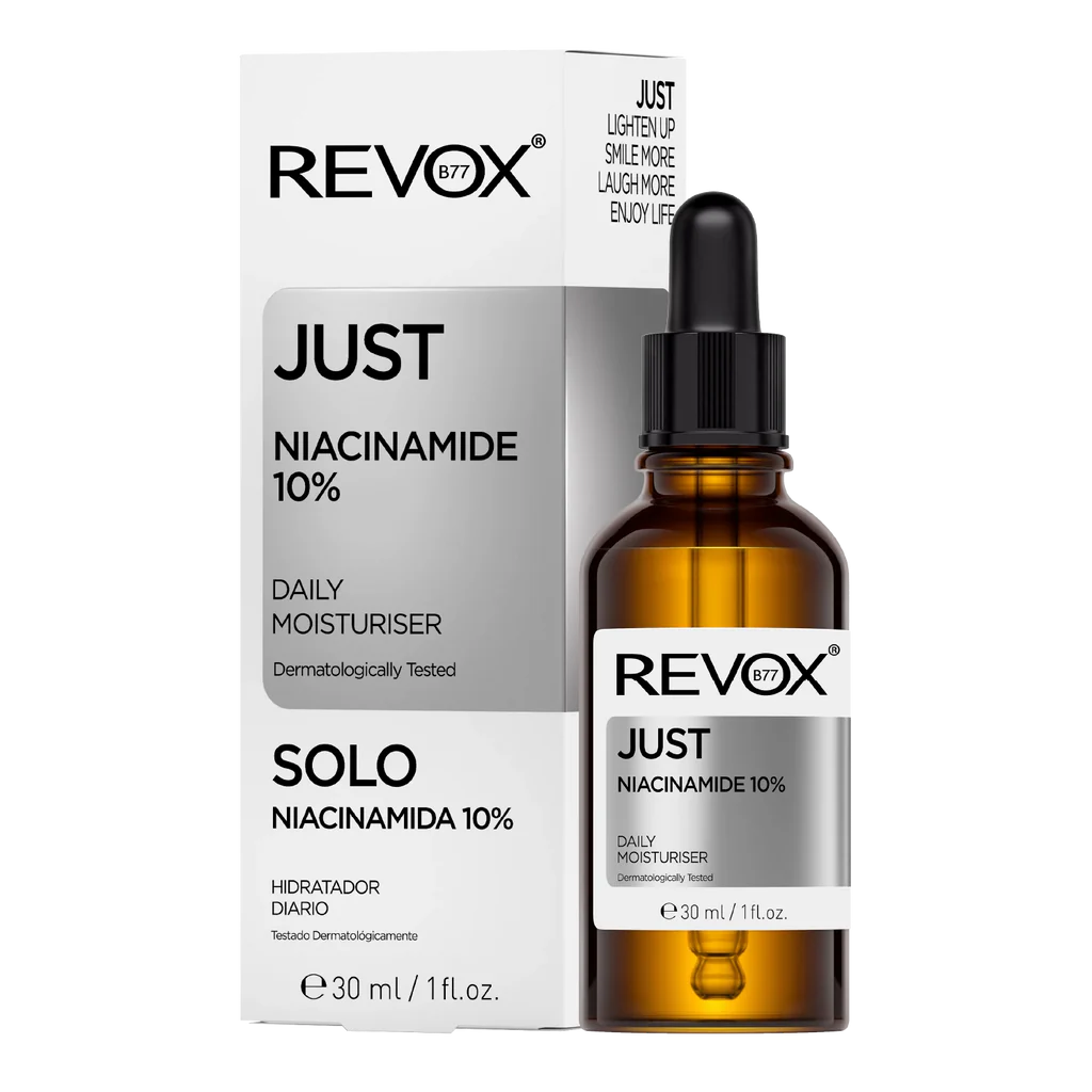 NIACINAMIDE10_Boxandbottle_1024x1024.webp REVOX JUST Niacinamide 10% A daily moisturiser 30ML - الصورة 1